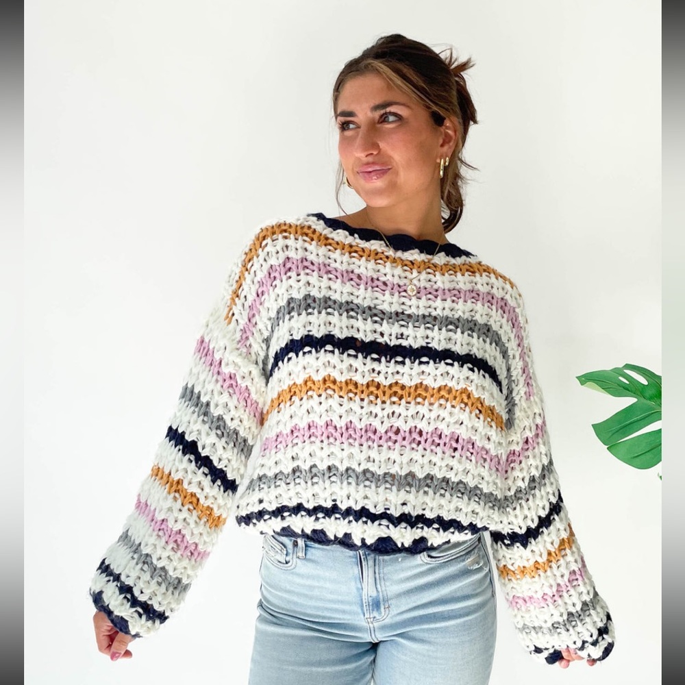 Chunky Striped Knit Sweater - White with Pink, Navy & Gold Stripes